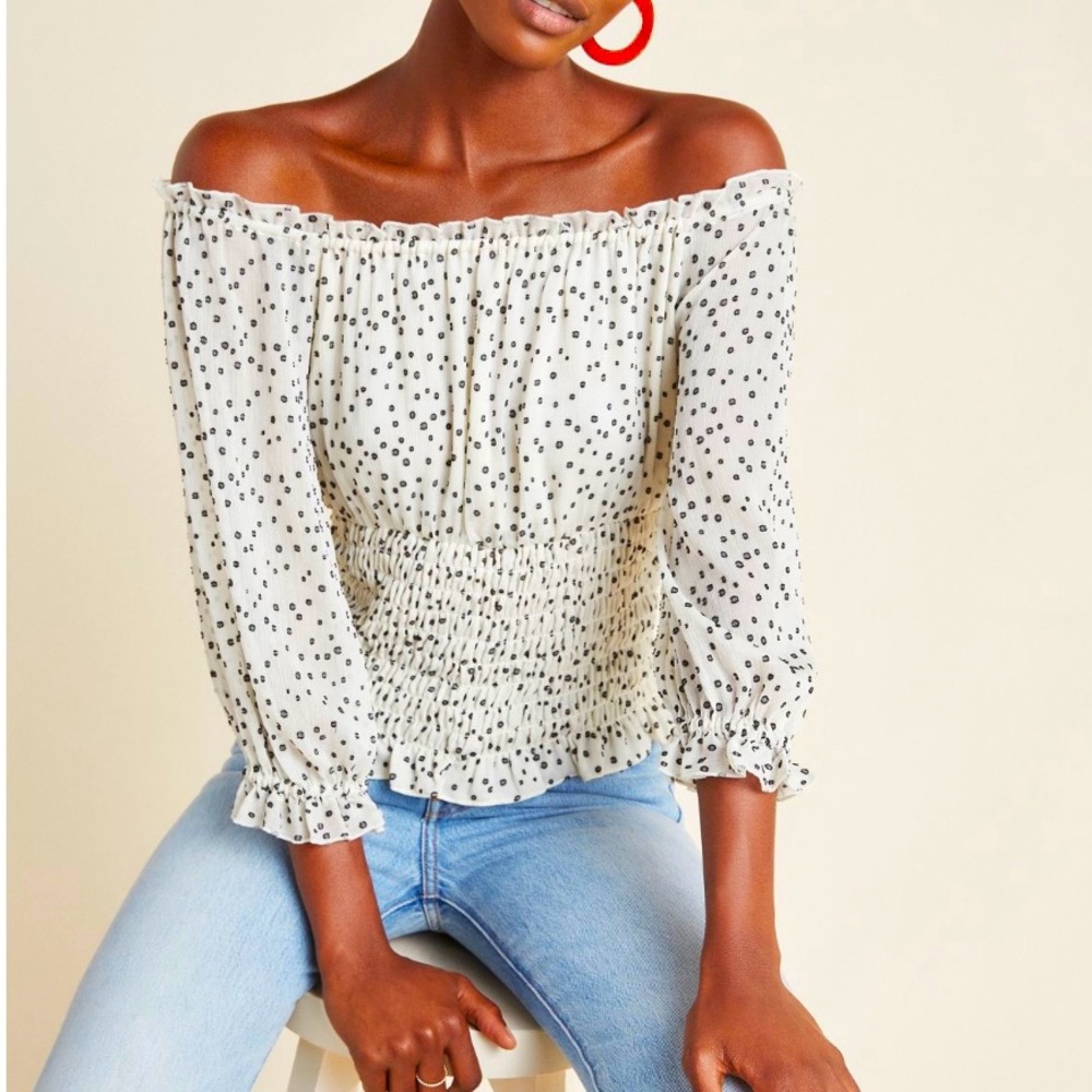 Anthropologie | Lucia Off-The-Shoulder Blouse, Black Floral Print, Size XL - EUC